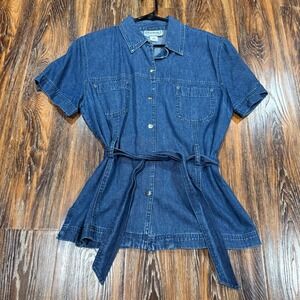 Vintage Size L Blue Denim Button-Down Shirt Tie Waist Silver Buttons Womens
